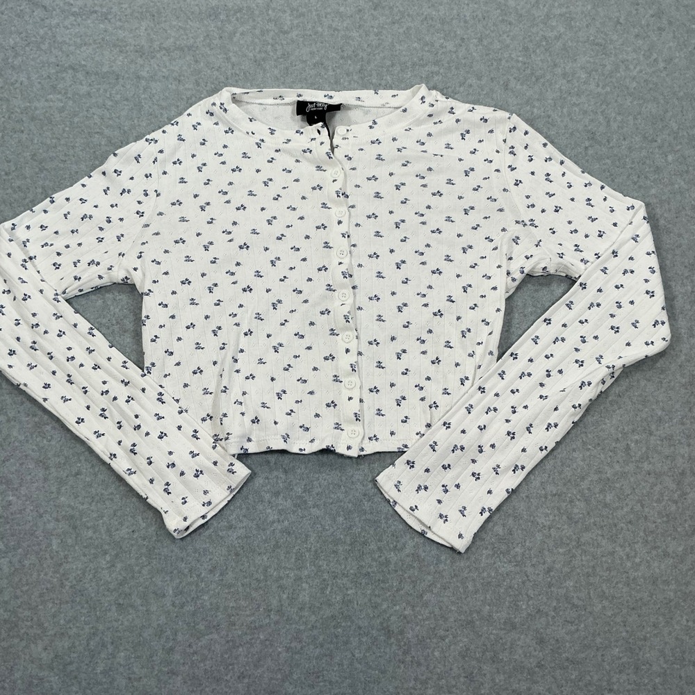 Just Polly New York Floral Pointelle Cardigan White Blue Cotton Ribbed JK20990 L